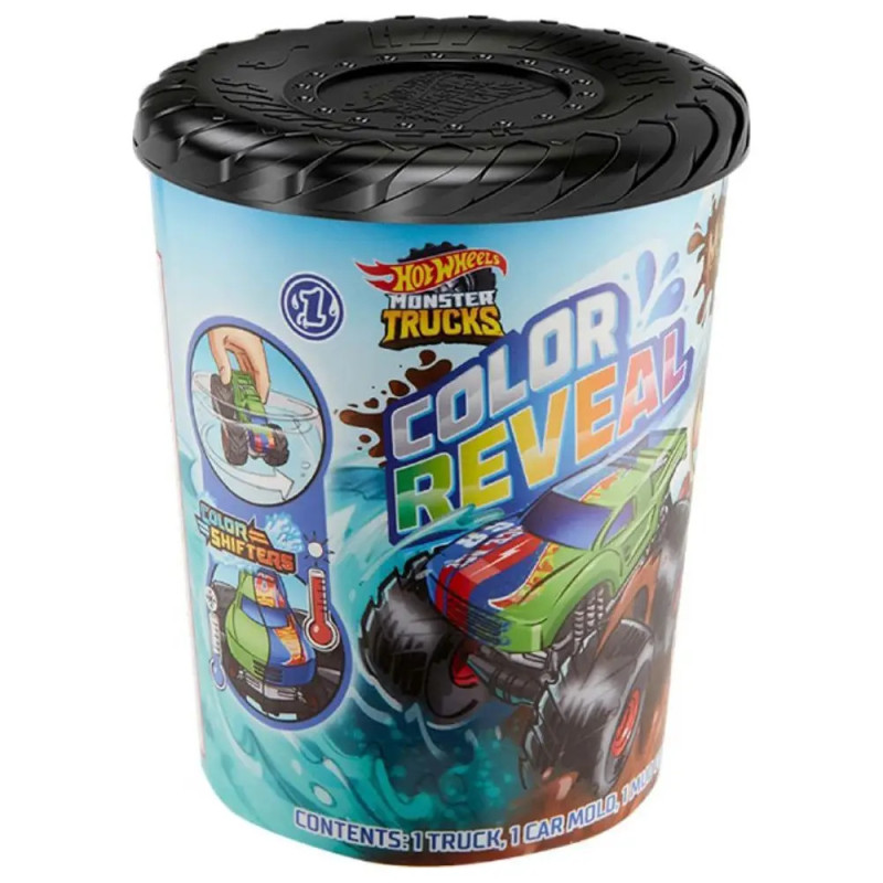 Hot Wheels Monster Trucks Color Reveal Dose mit bunten Grafiken eines Monstertrucks und Wassereffekten.