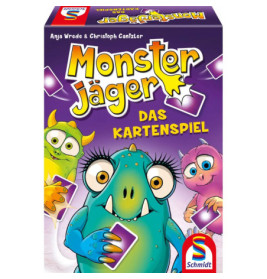 Monster Jäger Kartenspielbox mit drei bunten, cartoonartigen Monstern, die Karten auf lila Hintergrund halten.