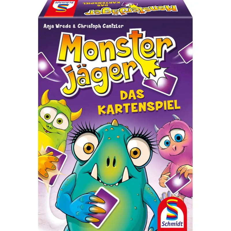 Monster Jäger Kartenspielbox mit drei bunten, cartoonartigen Monstern, die Karten auf lila Hintergrund halten. Monster Jäger Kartenspielbox mit drei bunten, cartoonartigen Monstern, die Karten auf lila Hintergrund halten.