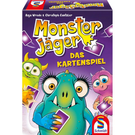 Monster Jäger Kartenspielbox mit drei bunten, cartoonartigen Monstern, die Karten auf lila Hintergrund halten. Monster Jäger Kartenspielbox mit drei bunten, cartoonartigen Monstern, die Karten auf lila Hintergrund halten.
