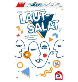 Bunte Laut-Salat-Spielschachtel mit abstrakten Gesichtern, geometrischen Formen und Schmidt-Logo unten.