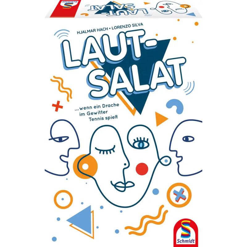 Bunte Laut-Salat-Spielschachtel mit abstrakten Gesichtern, geometrischen Formen und Schmidt-Logo unten. Bunte Laut-Salat-Spielschachtel mit abstrakten Gesichtern, geometrischen Formen und Schmidt-Logo unten.