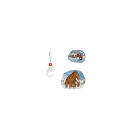 Ein Wollmammut, ein kleiner Haken und eine Illustration mit Mammuts im Schnee auf weißem Hintergrund.