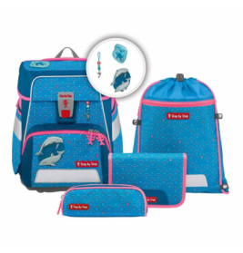 Blau-rosa Schulranzen-Set mit Delfin-Motiv: Rucksack, Beutel und Mäppchen.
