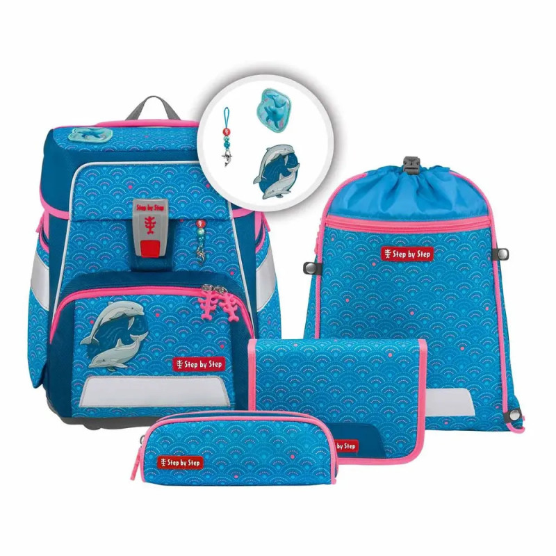 Blau-rosa Schulranzen-Set mit Delfin-Motiv: Rucksack, Beutel und Mäppchen. Blau-rosa Schulranzen-Set mit Delfin-Motiv: Rucksack, Beutel und Mäppchen.