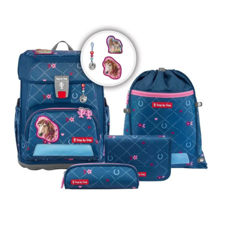Blaues Schulrucksack-Set mit Pferde-Patches, Schlüsselanhänger, Federmäppchen, Geldbörse und Sportbeutel.