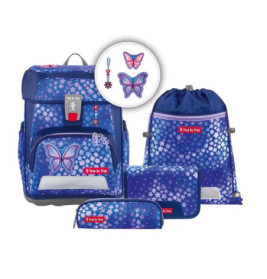 Blau-lila Schulranzen-Set mit Schmetterlings- und Sternmotiven: Rucksack, Etui und Turnbeutel.