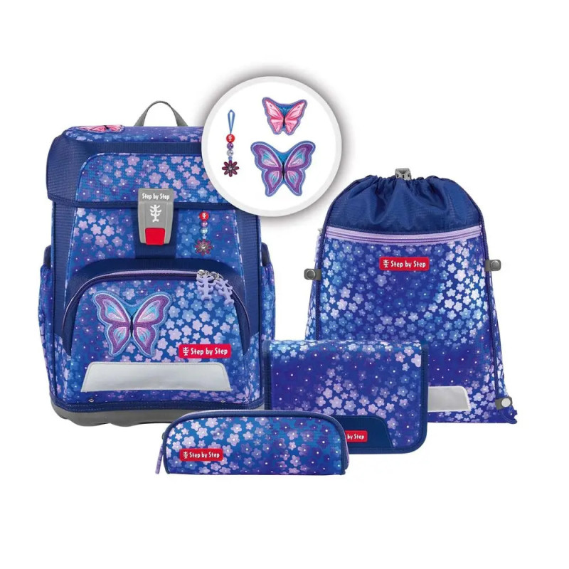 Blau-lila Schulranzen-Set mit Schmetterlings- und Sternmotiven: Rucksack, Etui und Turnbeutel. Blau-lila Schulranzen-Set mit Schmetterlings- und Sternmotiven: Rucksack, Etui und Turnbeutel.