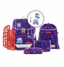 Lila Schulranzen-Set mit Einhornmotiven, inklusive Federmäppchen, Sportbeutel, Schablone und Schlüsselanhänger.