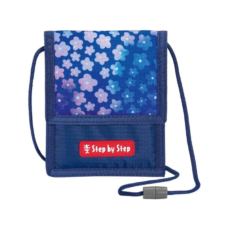 Blaue Geldbörse mit Blumenmuster, rotem Step by Step-Label und verstellbarem Halsband. Blaue Geldbörse mit Blumenmuster, rotem Step by Step-Label und verstellbarem Halsband.