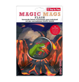 Bunte Verpackung mit grünem Dino und Lava, Aufschrift: Magic Mags Flash für Schulranzen-Dekoration.
