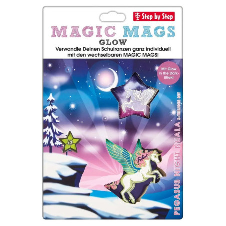Magic Mags Glow Pegasus Set mit Stern- und Einhornmotiven vor verschneiter, magischer Landschaft.