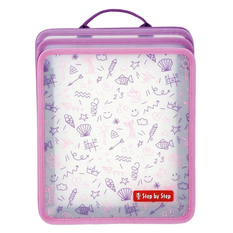 Rechteckiger rosa-lila Organizer mit verspielten Mustern und rotem Step by Step-Label auf der Vorderseite. Rechteckiger rosa-lila Organizer mit verspielten Mustern und rotem Step by Step-Label auf der Vorderseite.