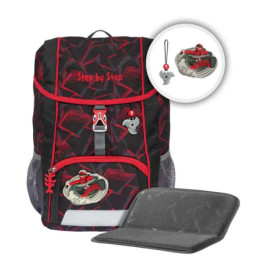 Schwarzer und roter Rucksack mit Spiderman-Motiv, Schlüsselanhänger und herausnehmbarem grauem Einsatz.
