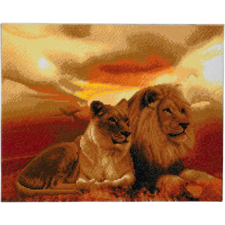 Ein Löwe und eine Löwin liegen gemeinsam im Gras der Savanne unter einem orangefarbenen Sonnenuntergang.