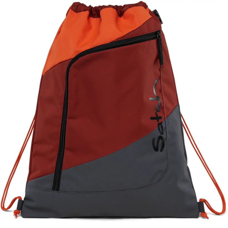 Rot-orange-grauer Turnbeutel mit Frontreißverschluss und Satch-Aufdruck.