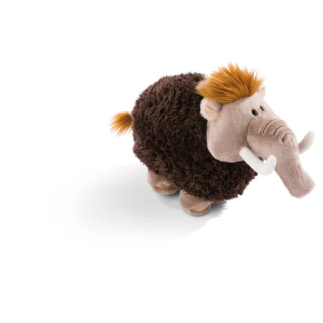 Plüsch-Mammut mit braunem Fell, orangefarbenen Haaren und Schwänzen sowie weißen Stoßzähnen vor weißem Hintergrund.