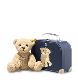 Ein Plüschbär sitzt neben einem blauen Koffer mit einer Zeichnung von zwei sich umarmenden Teddybären.