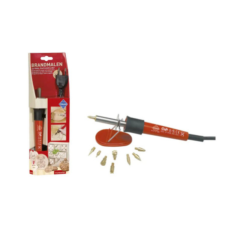 Brandmalkolben-Set mit auswechselbaren Spitzen, rotem Griff und Verpackung mit Bastel-Beispielen. Brandmalkolben-Set mit auswechselbaren Spitzen, rotem Griff und Verpackung mit Bastel-Beispielen.