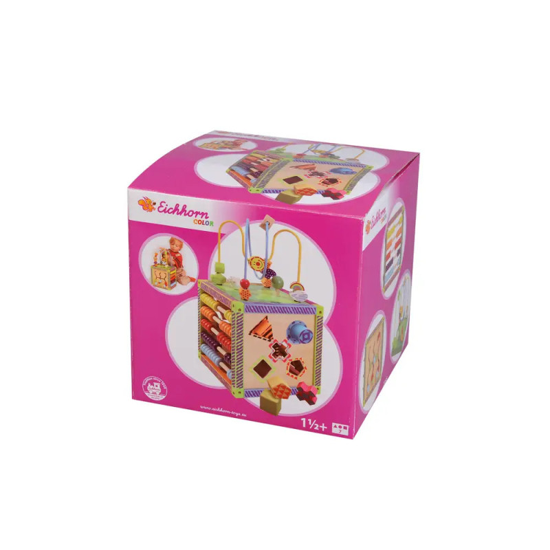 Rosa Eichhorn-Box mit buntem Holz-Spielwürfel für Kinder ab 1,5 Jahren, vielseitige Aktivitäten.