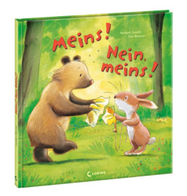 Ein Bär und ein Hase zerren im Wald an Papier auf dem Kinderbuchcover Meins! Nein, meins!.