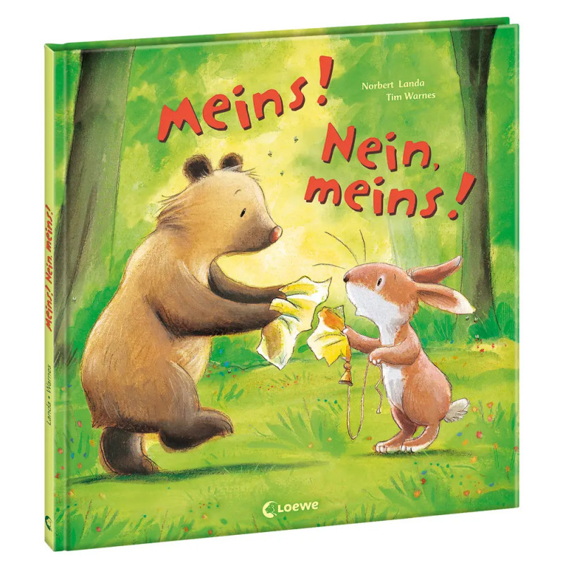 Ein Bär und ein Hase zerren im Wald an Papier auf dem Kinderbuchcover Meins! Nein, meins!.
