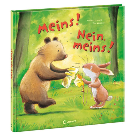 Ein Bär und ein Hase zerren im Wald an Papier auf dem Kinderbuchcover Meins! Nein, meins!.