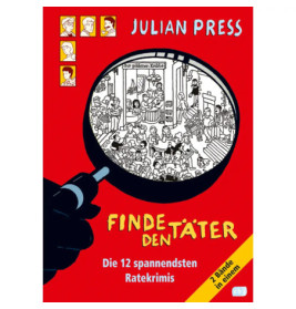 Das Cover von Finde den Täter zeigt eine Lupe über einer belebten Szene vor gelb-rotem Hintergrund.