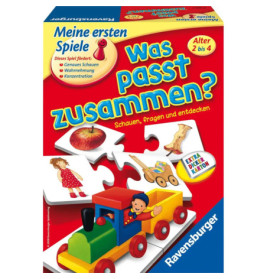 Bunte Ravensburger-Spielbox mit Spielzeugzug und bebilderten Puzzleteilen, für Kinder von 2 bis 4 Jahren, auf Deutsch.