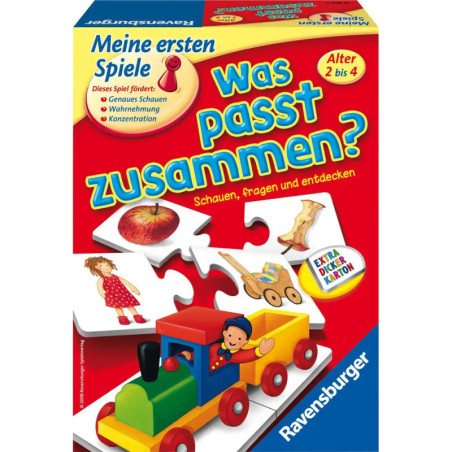 Bunte Ravensburger-Spielbox mit Spielzeugzug und bebilderten Puzzleteilen, für Kinder von 2 bis 4 Jahren, auf Deutsch. Bunte Ravensburger-Spielbox mit Spielzeugzug und bebilderten Puzzleteilen, für Kinder von 2 bis 4 Jahren, auf Deutsch.