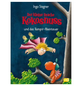 Illustration: Junge mit Fledermausflügeln und kleinem, orangen Drachen im Baum, dazu deutscher Buchtitel.