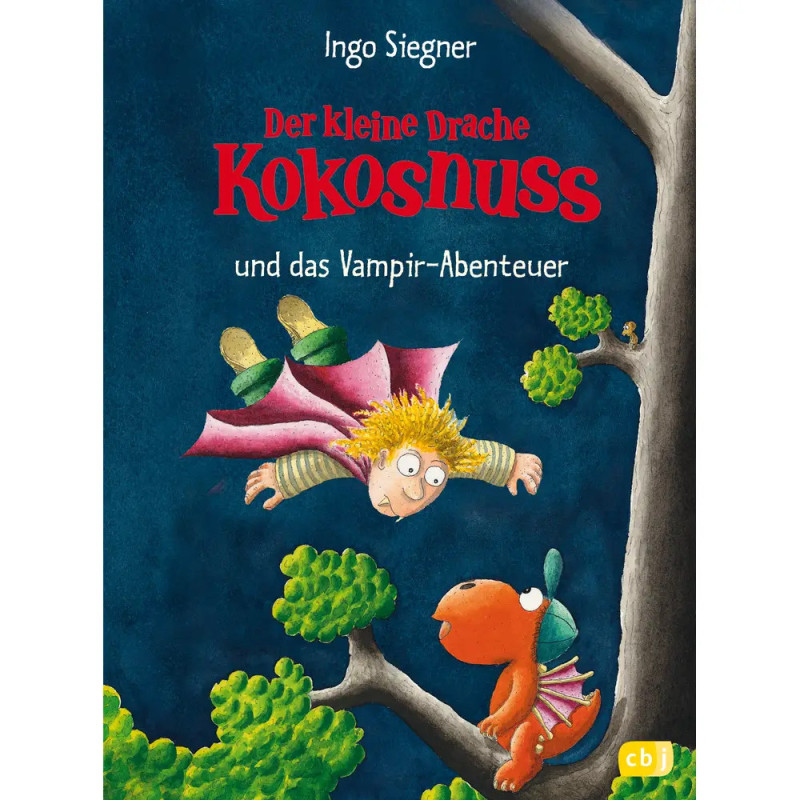 Illustration: Junge mit Fledermausflügeln und kleinem, orangen Drachen im Baum, dazu deutscher Buchtitel.