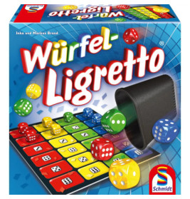 Spiel Würfel Ligretto: Box mit bunten Würfeln, Würfelbecher, Spielbrett und Schmidt-Logo.