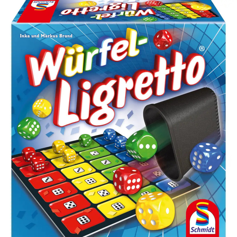 Spiel Würfel Ligretto: Box mit bunten Würfeln, Würfelbecher, Spielbrett und Schmidt-Logo. Spiel Würfel Ligretto: Box mit bunten Würfeln, Würfelbecher, Spielbrett und Schmidt-Logo.