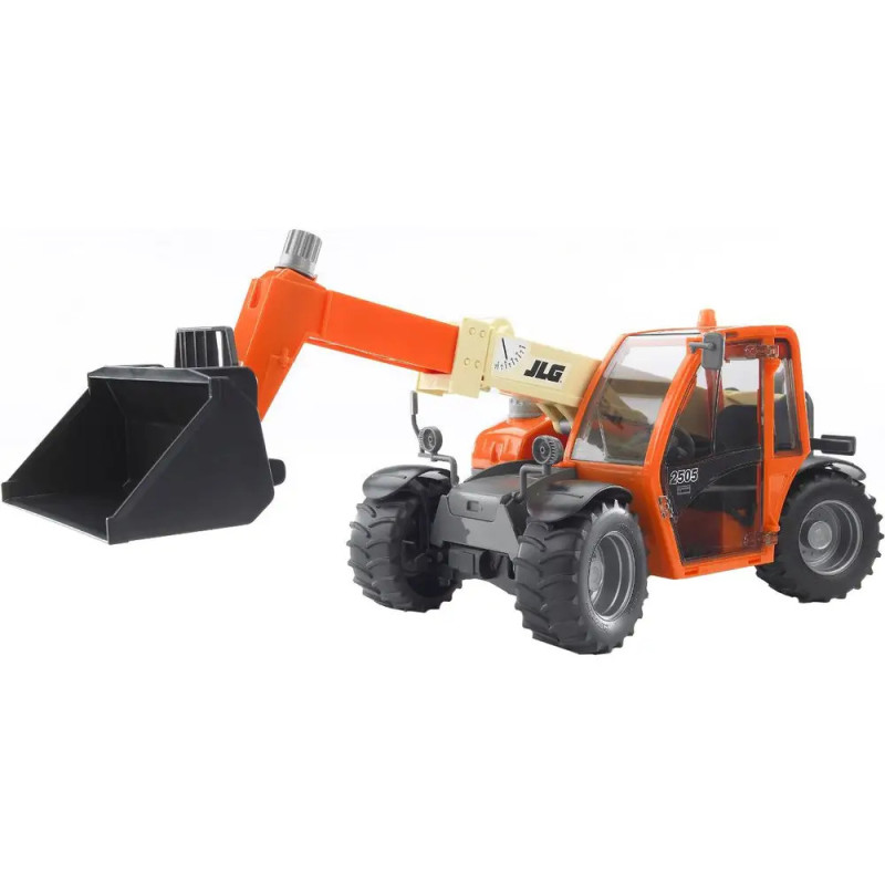 Spielzeug-Baumaschine in Orange und Schwarz mit Frontladerarm und großen, robusten Reifen. Spielzeug-Baumaschine in Orange und Schwarz mit Frontladerarm und großen, robusten Reifen.