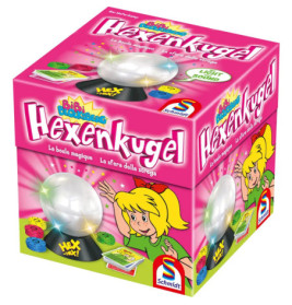 Pinkfarbene Hexenkugel-Spielbox mit Comic-Mädchen, Kristallkugel und bunten Spielsteinen.