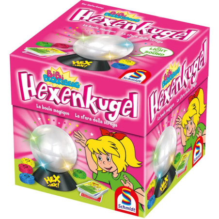 Pinkfarbene Hexenkugel-Spielbox mit Comic-Mädchen, Kristallkugel und bunten Spielsteinen.