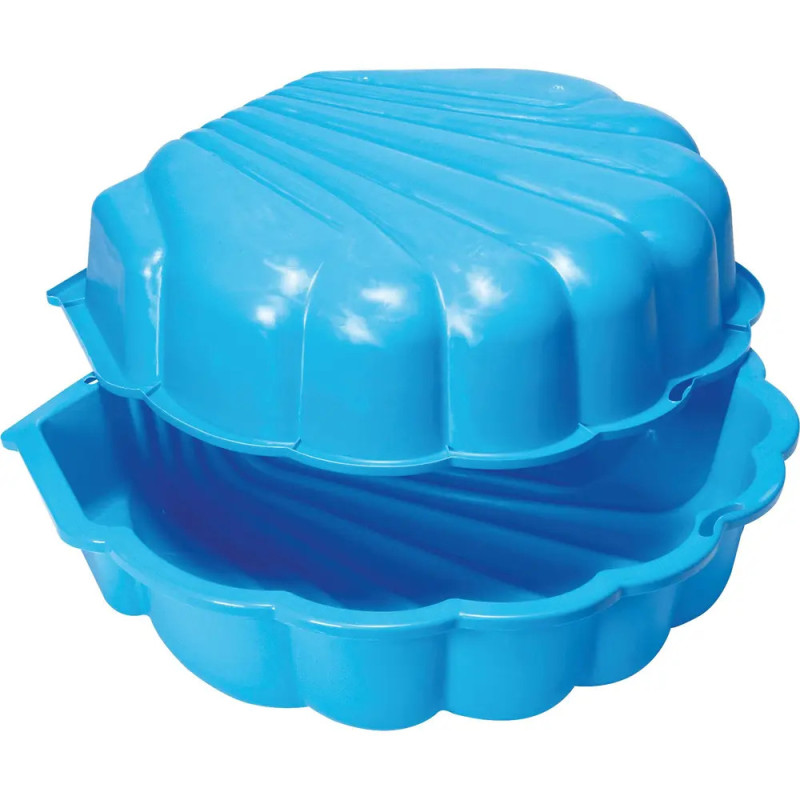 Blauer Muschel-Sandkasten aus Plastik mit leicht geöffnetem Klappdeckel, Innenraum sichtbar.