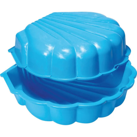 Blauer Muschel-Sandkasten aus Plastik mit leicht geöffnetem Klappdeckel, Innenraum sichtbar.