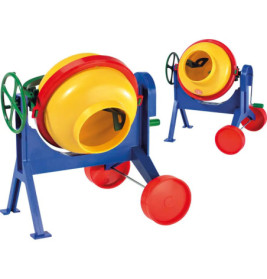 Zwei bunte Spielzeug-Betonmischer mit gelben Trommeln, roten Rädern und blauen Rahmen sind abgebildet.