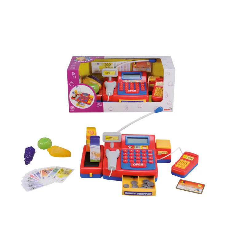 Spielzeugkasse mit Spielgeld, Scanner, Obst, Kreditkarte und Verpackung im Hintergrund. Spielzeugkasse mit Spielgeld, Scanner, Obst, Kreditkarte und Verpackung im Hintergrund.