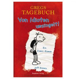Rotes Buchcover von Gregs Tagebuch: Von Idioten umzingelt! mit Comic-Junge und zerrissenem Papierdesign.