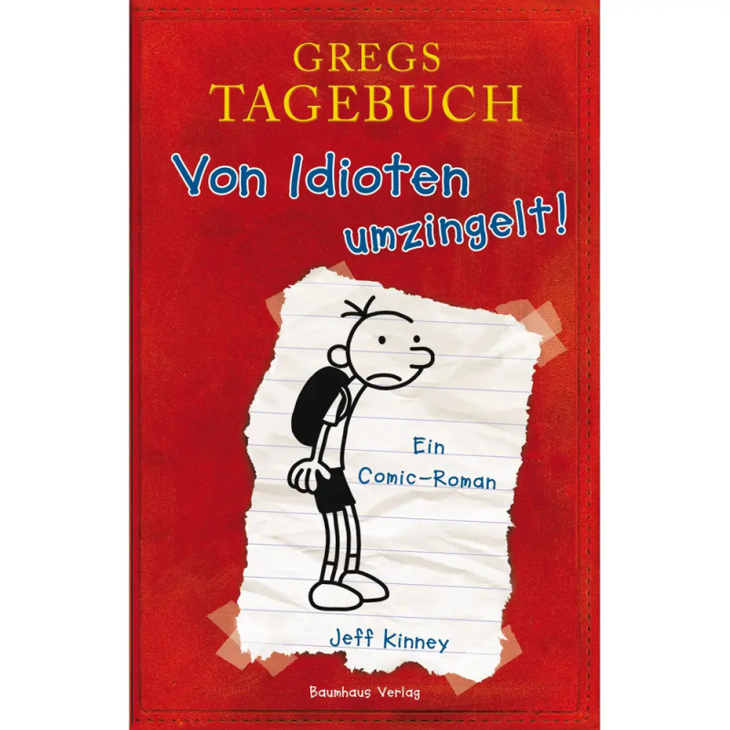 Rotes Buchcover von Gregs Tagebuch: Von Idioten umzingelt! mit Comic-Junge und zerrissenem Papierdesign.