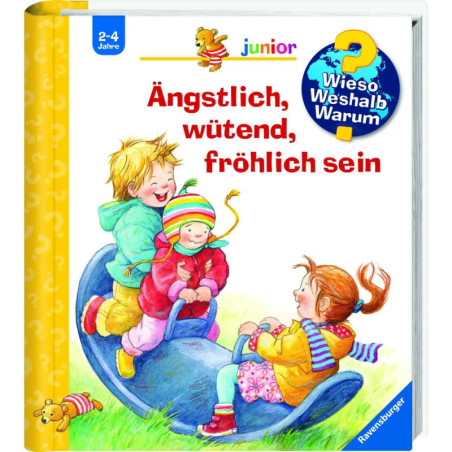 Drei Kinder in Winterkleidung spielen fröhlich auf einer Wippe auf dem Cover eines deutschen Kinderbuchs.