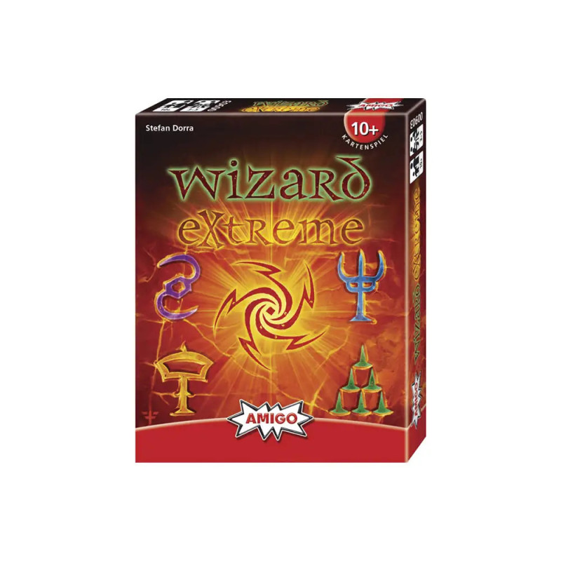 Spielschachtel von Wizard Extreme mit bunten Symbolen und Feuer-Hintergrund, geeignet ab 10 Jahren.