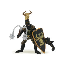 Actionfigur eines Ritters in schwarz-goldener Rüstung mit Stiermotiv, Schild und Keule.