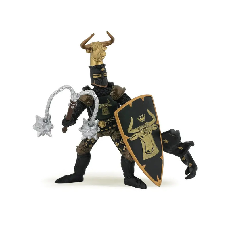 Actionfigur eines Ritters in schwarz-goldener Rüstung mit Stiermotiv, Schild und Keule.