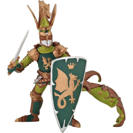 Spielzeugritter in grün-goldener Rüstung mit Drachenschild und Schwert in Kampfpose.