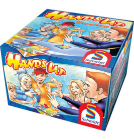 Bunte Verpackung des Spiels Hands Up mit animierten, lächelnden Menschen, die die Hände heben.
