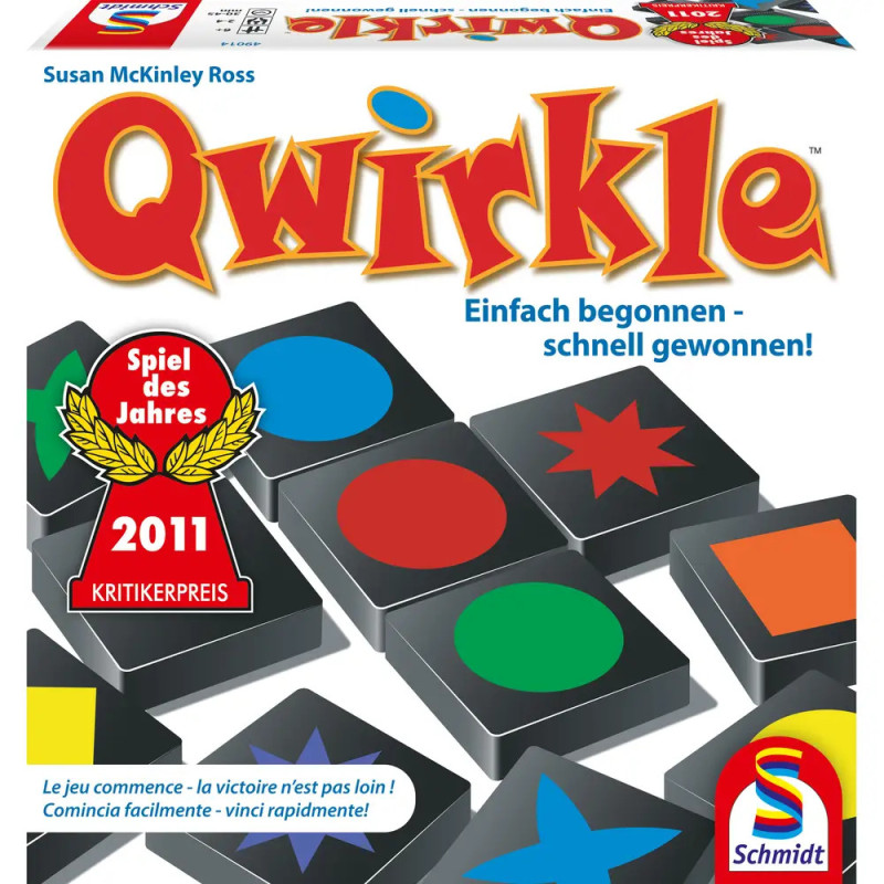 Qwirkle-Spielebox mit bunten Symbolen, Auszeichnung und mehrsprachigem Slogan Einfach starten-schnell gewinnen!. Qwirkle-Spielebox mit bunten Symbolen, Auszeichnung und mehrsprachigem Slogan Einfach starten-schnell gewinnen!.